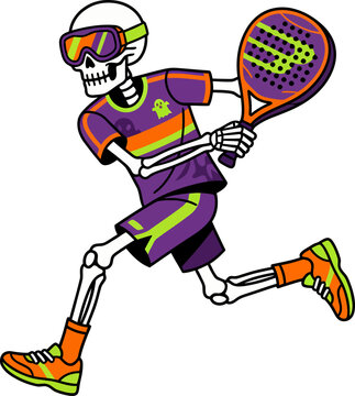 Cartoon Skeleton Playing Padel Tennis Vector Illustration on White Background