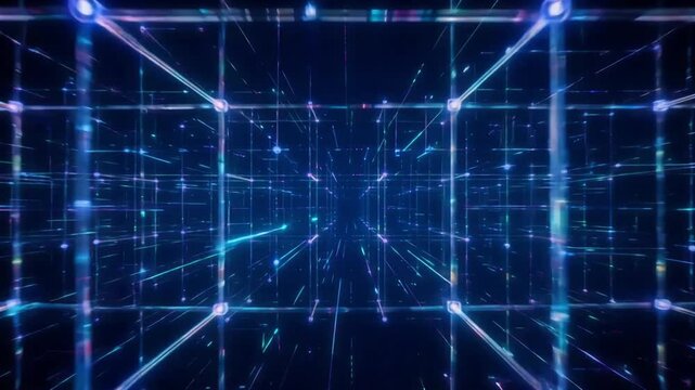 Glowing digital grid cube animation with bright neon lines moving through dark infinite abstract space