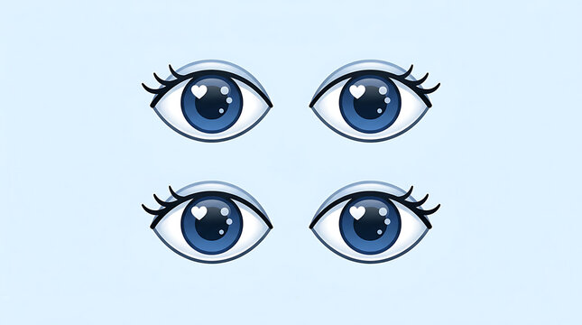 Cartoon blue eyes set with heart reflections on light blue background