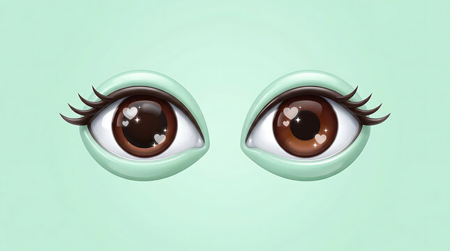 Cute 3d cartoon eyes with heart reflections on mint background