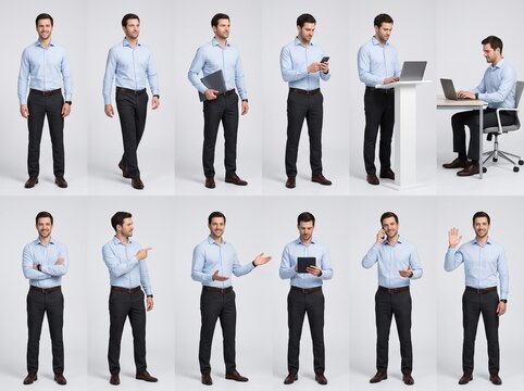 Professional Businessman Character Reference Sheet with 12 Corporate Poses