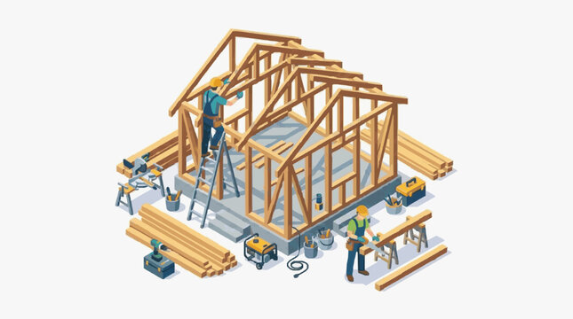 Construction Workers Building Wooden House Frame Isometric