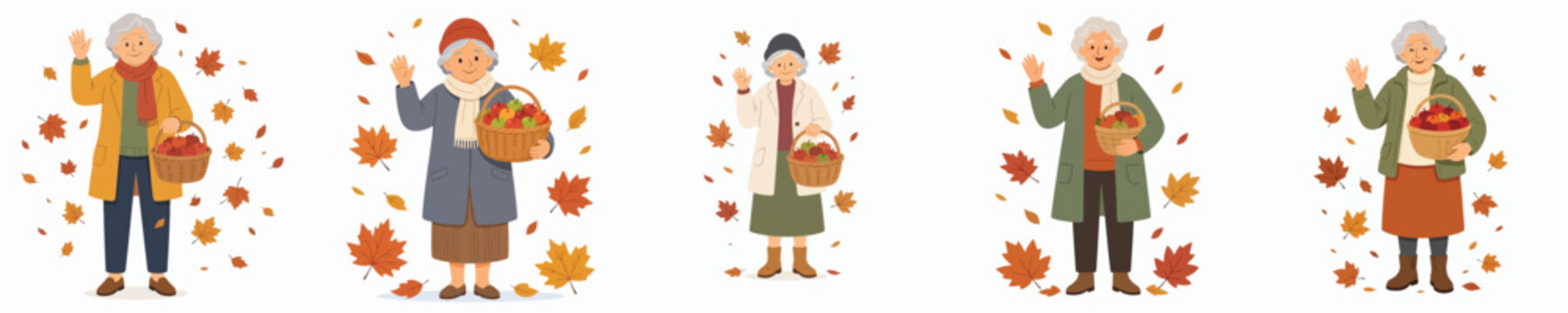 A flat vector illustration of a grandma standing and waving while carrying a basket of apples after the autumn harvest
