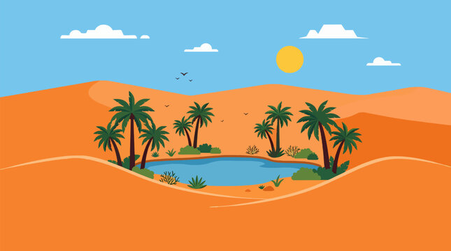 Flat vector illustration of a lush desert oasis with green palm trees and a blue pond surrounded by orange sand dunes under a bright sunny sky.