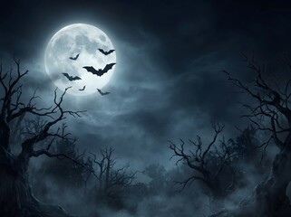 Fototapeta premium Spooky halloween forest landscape with full moon and flying bats