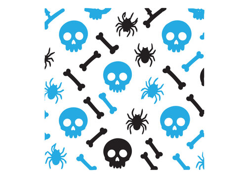 Seamless pattern with human skulls, bones and spiders in black and blue