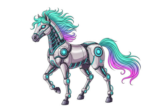 Mechanical robot horse with a colorful flowing mane