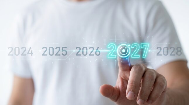 Businessman pointing virtual timeline selecting year 2027 target icon for future business growth planning strategy corporate goal vision and digital innovation concept.