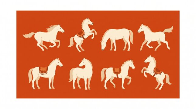White horses collection vector illustration set featuring various poses including running, rearing, grazing, and standing isolated on warm terracotta orange background.
