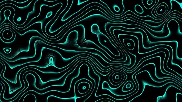 Topographic map pattern animation glows with vibrant cyan contour lines. Modern geographical terrain elevation shapes the map pattern. High tech cartography telemetry animates the map pattern.