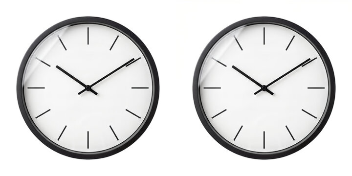 Wall clock with a black round frame and white dial with bar markers as an isolated PNG on a transparent background for commercial product design use