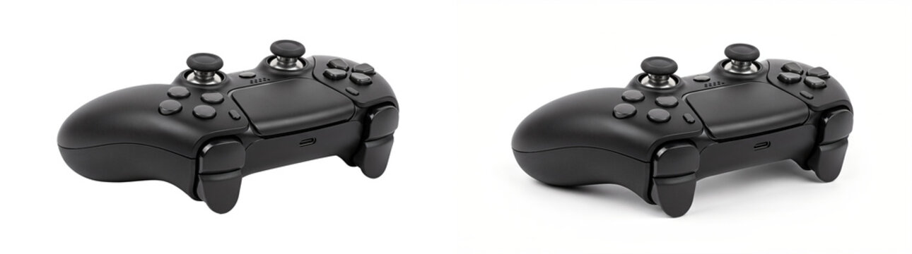 Game controller with matte black finish and metallic thumbsticks, ideal for gaming and esports equipment marketing, isolated as PNG on transparent background