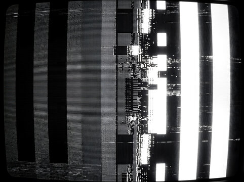 Black and white CRT monitor glitch texture with vertical stripes, scanlines, and digital distortion