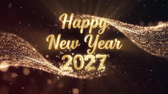 Happy New Year 2027 Golden Luxury Typography with Sparkling Particles and Glowing Light Waves