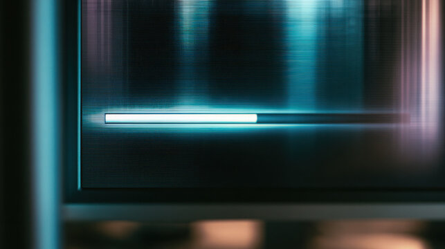 Computer game loading screen with progress bar, glowing blue retro display
