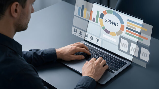 Professional male accountant analyzing corporate spend data, interacting with futuristic digital dashboard interface, holographic financial charts and icons, dark modern office desk, fintech app.