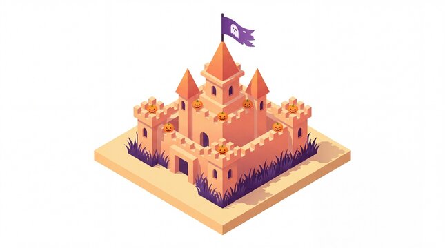 Isometric 3D sandcastle on a sandy beach island.