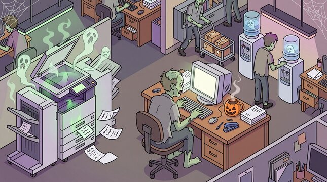 Isometric illustration of a busy office with ghosts and zombie employees working.
