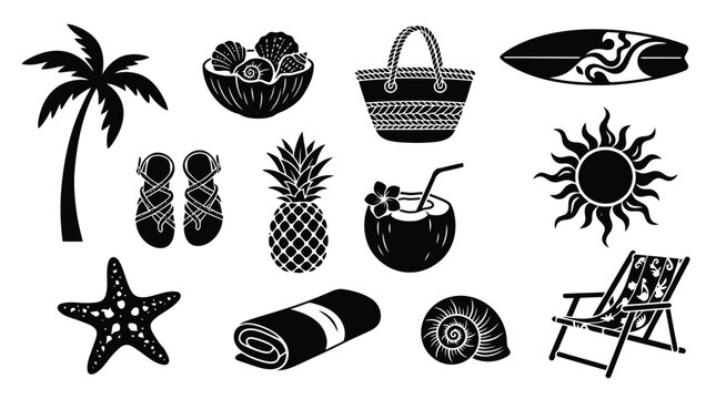 Tropical beach vacation icons set, black summer holiday silhouettes, 12 travel vector elements for resort branding and seasonal design