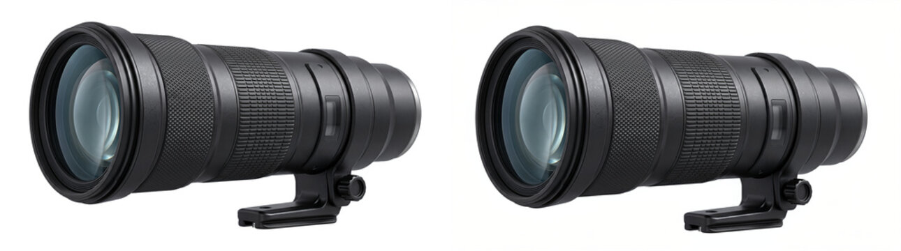 Camera lens with telephoto zoom design and tripod mount, ideal for photography equipment marketing, shown as an isolated PNG on a transparent background