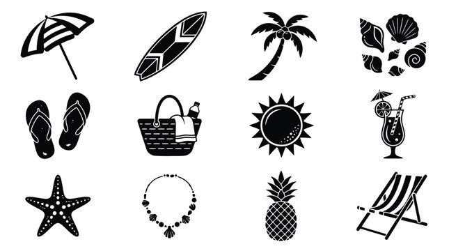 Summer beach icons set, black silhouette vacation elements vector, tropical holiday symbols including palm tree, surfboard, and sun, 12 travel graphics