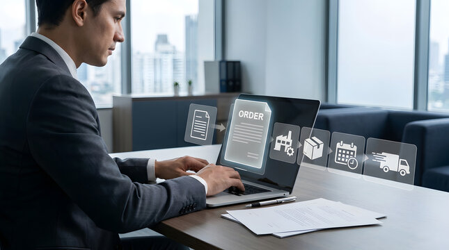 Supply chain management, professional businessman processing digital order icons on laptop screen interface, logistics workflow automation symbols, modern corporate office, business concept use