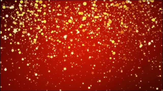 Christmas Red Background With Falling Golden Particles And Stars