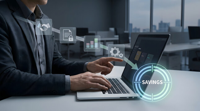 Business savings strategy, entrepreneur using laptop with digital interface icons showing cost reduction flow, virtual graphics of finance growth and data analysis, modern corporate office, web