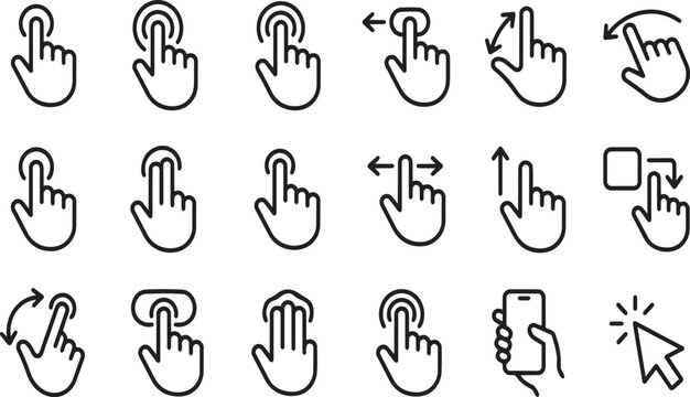 Finger touch gesture and mobile interaction linear vector icons for digital device control.