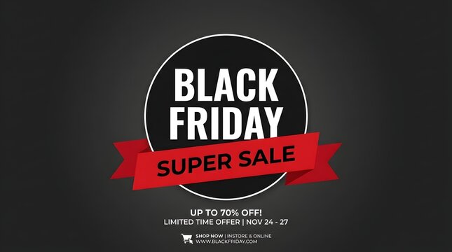 Black friday super sale advertisement banner with red ribbon, 70 percent off discount, and website link for instore and online shopping