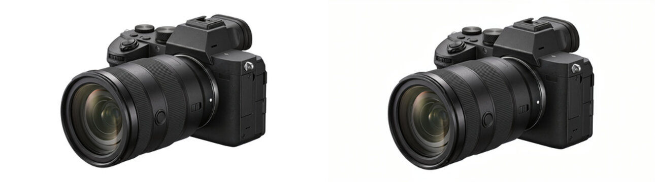 Mirrorless camera with attached zoom lens and viewfinder, ideal for photography equipment marketing, shown as an isolated PNG on a transparent background