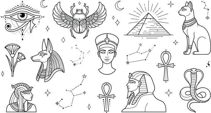 Ancient Egypt mystical line icon bundle featuring sphinx pyramid Nefertiti anubis scarab cat cobra and eye of horus vectors
