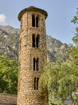 Romanesque round Bell Tower of the Church of Santa Coloma.  Santa Coloma, Andorra La Vella, Andorra, Europe