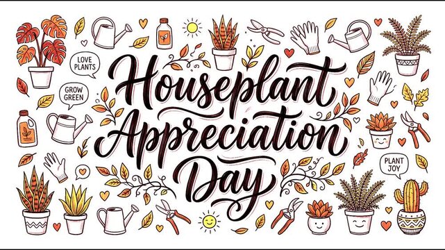 Houseplant Appreciation Day hand drawn lettering illustration with potted plants watering cans and gardening tools vector background.
