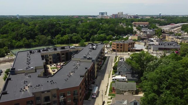 Right to Left low Aerial Village of Wauwatosa Wisconsin in the Milwaukee region. 