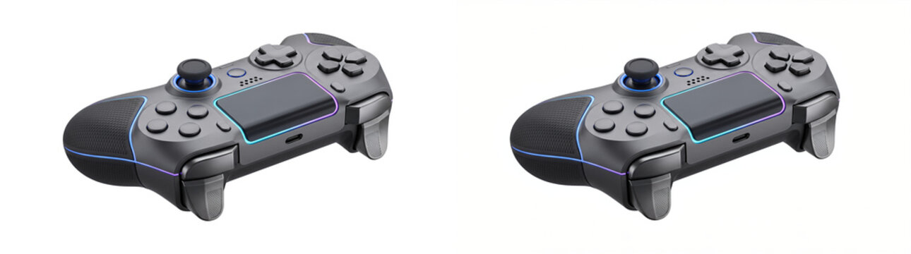 Game controller with RGB lighting accents and touchpad, ideal for gaming and esports equipment marketing, shown as an isolated PNG on a transparent background