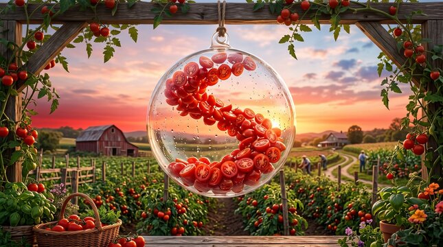 Sliced tomatoes within a transparent glass sphere hang over a farm landscape