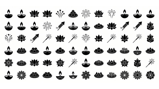 Large collection of black Diwali silhouettes and festive symbols.