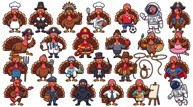 Large set of diverse turkey characters in professional and seasonal costumes for Thanksgiving and beyond.