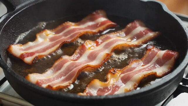 黒い鋳鉄スキレットの熱い脂で数枚のベーコンが焼け黄金色の焦げ目と油泡が輝く