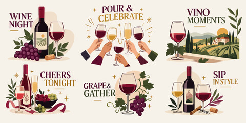 Obraz premium Wine Tasting and Vineyard Vector Illustration Set with Wine Bottle, Glasses, and Grapes