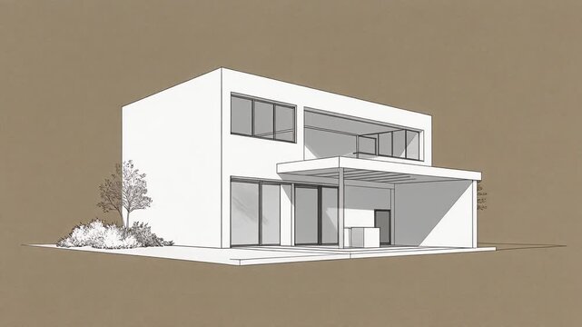 余白を残した生成り紙にモダンな二階建て住宅と植栽を鉛筆の直線と淡い陰影で描く