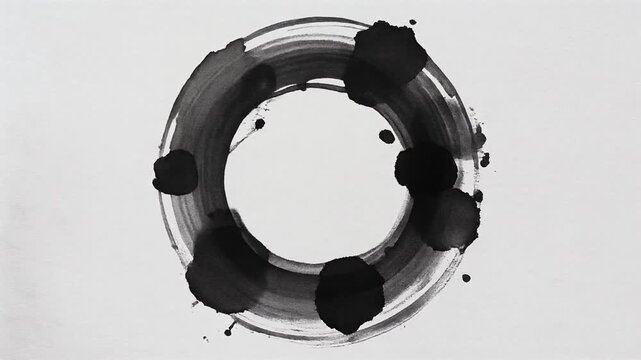 白い和紙に太い黒墨で描かれた不完全な円が激しいかすれと飛沫を残す禅的な抽象作品