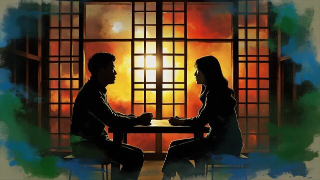 燃えるような夕陽の格子窓を背景に三十代の男性と女性がテーブル越しに静かに会話する