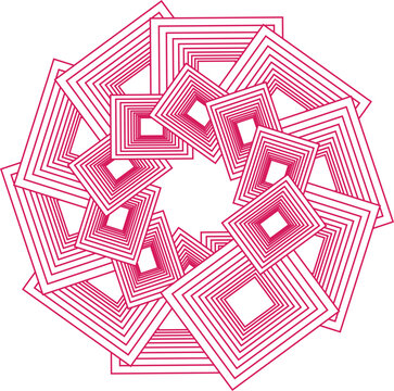 Abstract red geometric rosette pattern composed of overlapping layered rectangular shapes with rosette design graphic element concentric squares