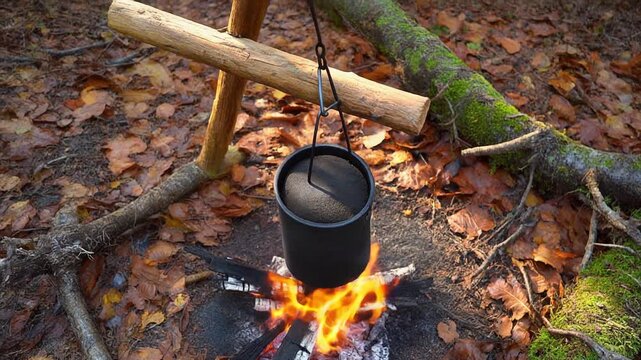 落ち葉に覆われた晩秋の森で黒く煤けた飯盒が自然木の吊り具に掛かり焚き火で熱せられる