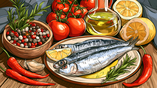 Sardines. Poster with seafood elements. Mediterranean fish on plate, sardine with olive oil, tomatoes, lemons, chili peppers. Italy food on banner for cafe menu. Vector set Stock Vector