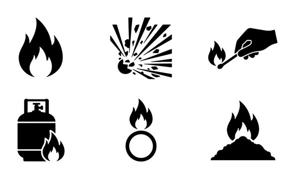 Fire and Explosion Icons Set: Danger, Ignition, Gas, Flammable Symbols
