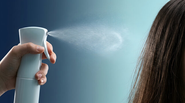 Hair spray bottle, hand spraying fine mist on brunette long hair, white container with nozzle, blue studio background gradient, perfect for professional hair care beauty advertising marketing.