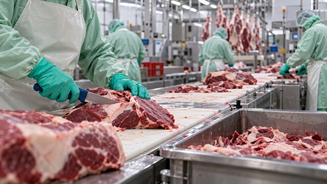Close view of a meat processing worker cutting and trimming raw beef with a knife on a sanitary production line as staff in protective clothing work inside a large modern industrial food factory.